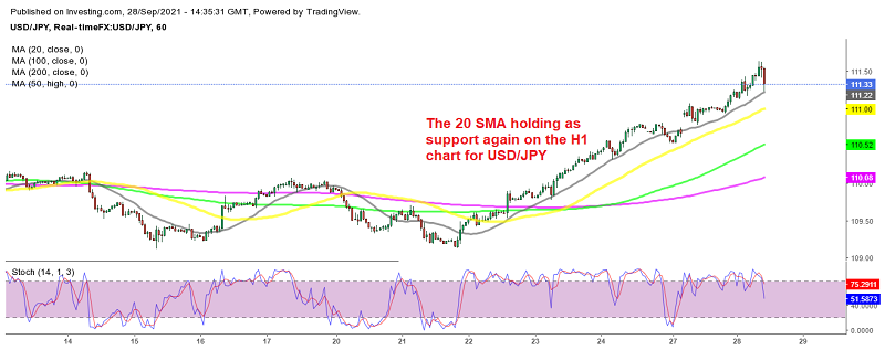 USD/JPY reversing higher after touching the 20 SMA
