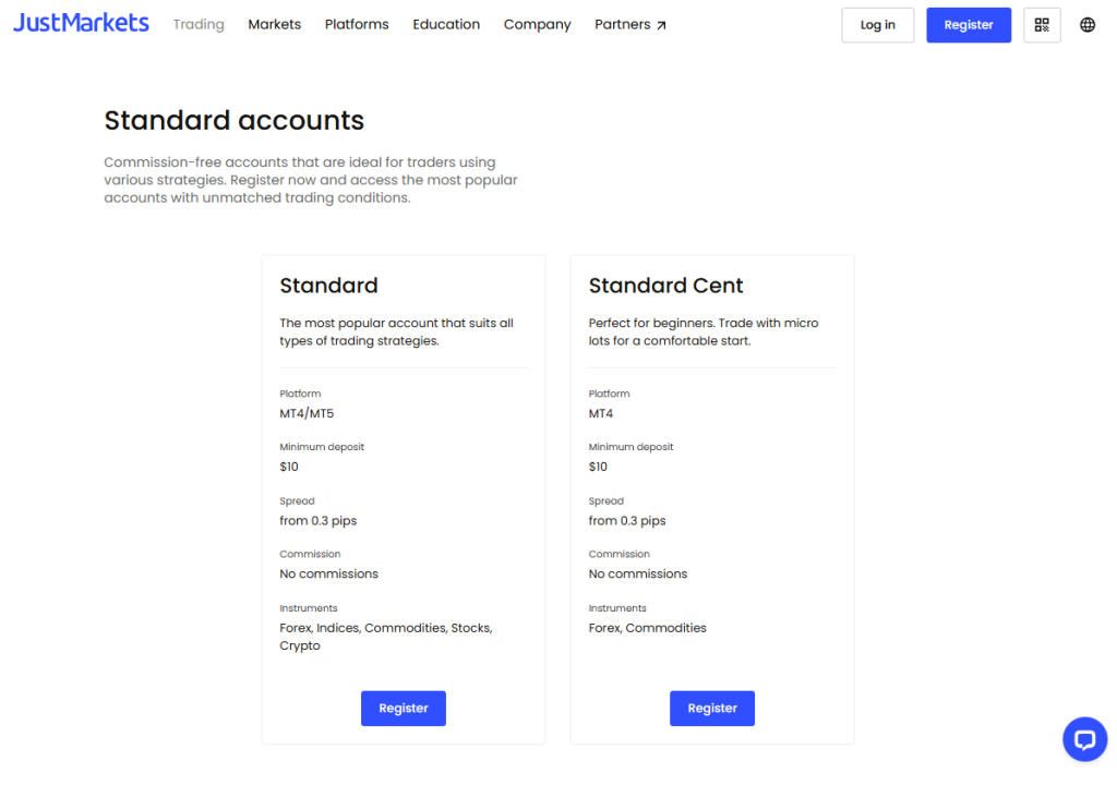 JustMarkets Standard Accounts JustMarkets Standard Accounts