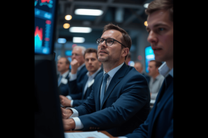 Traders watch the Dow Jones index climb to a record high.