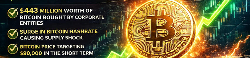 Image for Bitcoin Price Prediction: $443M Corporate Buying, Hashrate Shock, $90K Test Ahead