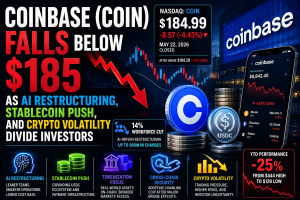 Coinbase (COIN) Falls Below $185 as AI Restructuring, Stablecoin Push, and Crypto Volatility Divide Investors