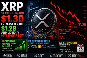 XRP Slides Toward $1.30 Even as ETFs Add $1.2B and Liquidity Hits 5-Year Low