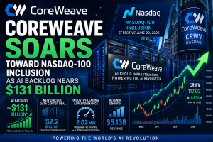 CoreWeave Soars 10% Toward Nasdaq-100 Inclusion as AI Backlog Nears $131 Billion