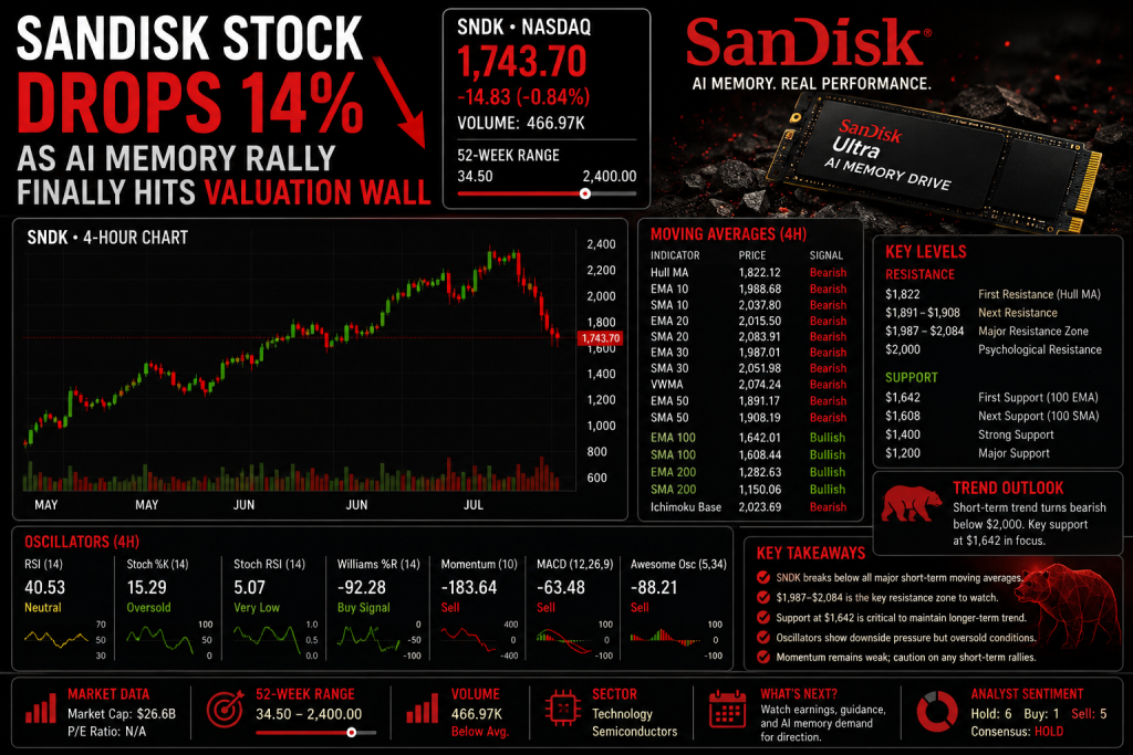 SanDisk Stock Drops 14% as AI Memory Rally Finally Hits Valuation Wall