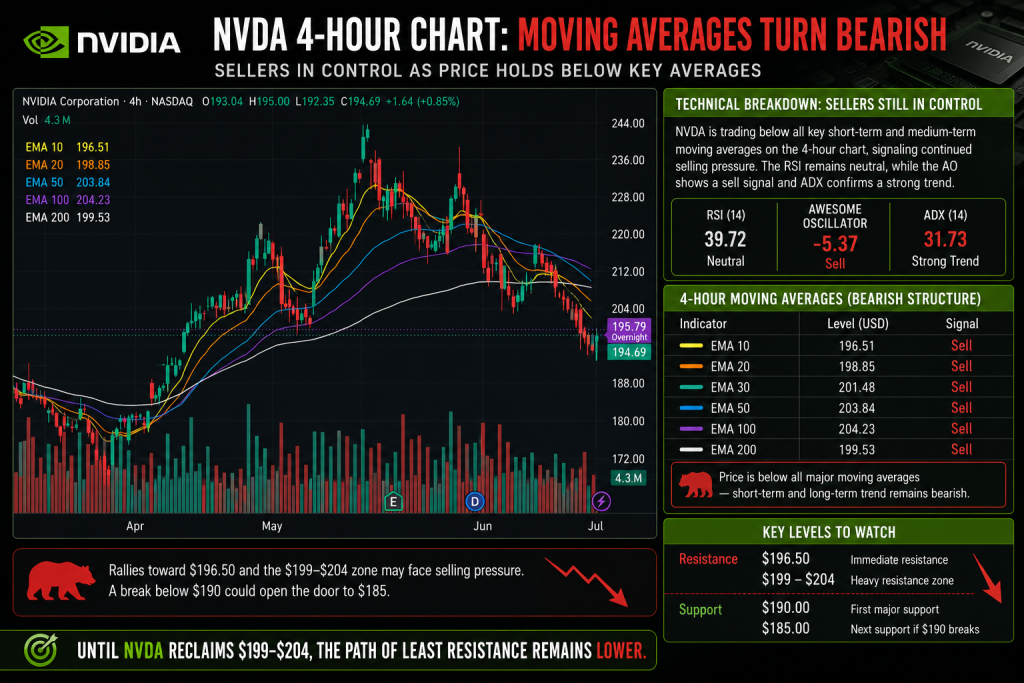 Will NVDA Stock Fall Below $190 as 4-Hour Moving Averages Turn Bearish?
