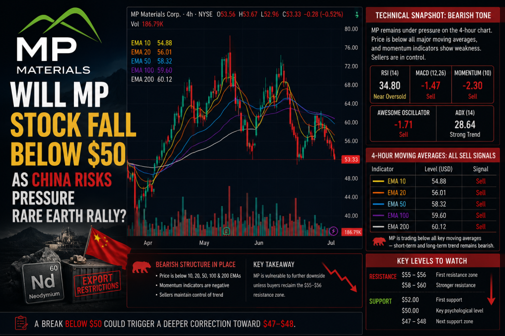Will MP Materials Stock Fall Below $50 as China Risks Pressure Rare Earth Rally?