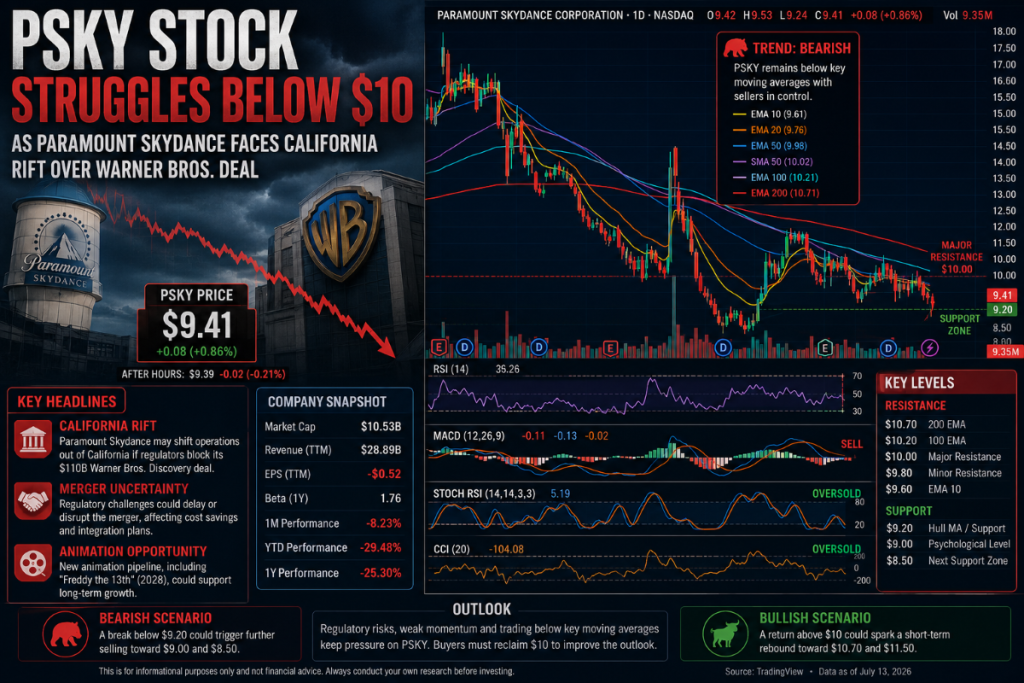 PSKY Stock Struggles Below $10 as Paramount Skydance Faces California Rift Over Warner Bros. Deal