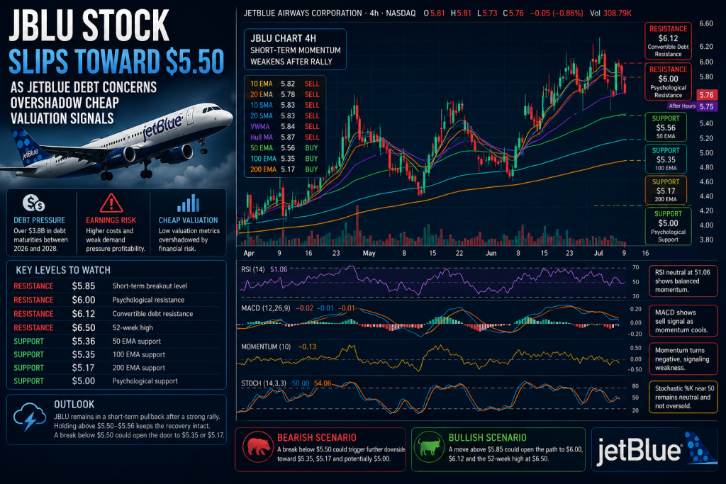 JBLU Stock Slips Toward $5.50 as JetBlue Debt Concerns Overshadow Cheap Valuation Signals