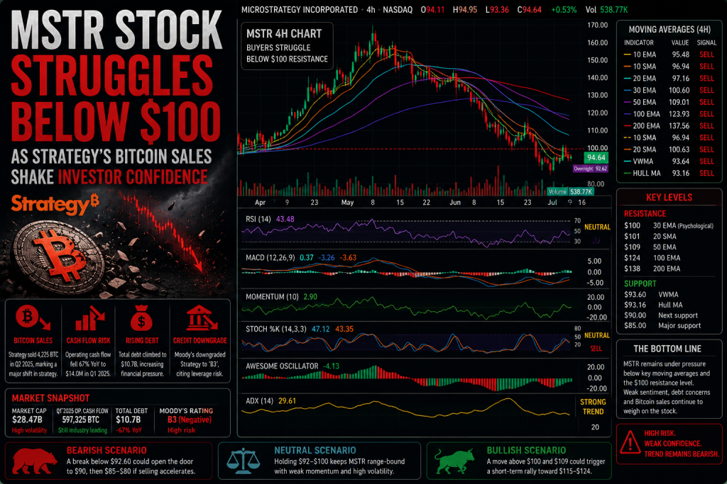 MSTR Stock Struggles Below $100 as Strategy’s Bitcoin Sales Shake Investor Confidence