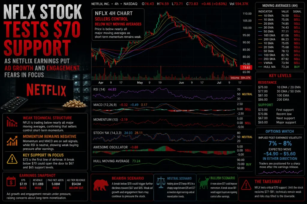NFLX Stock Tests $70 Support as Netflix Earnings Put Ad Growth and Engagement Fears in Focus