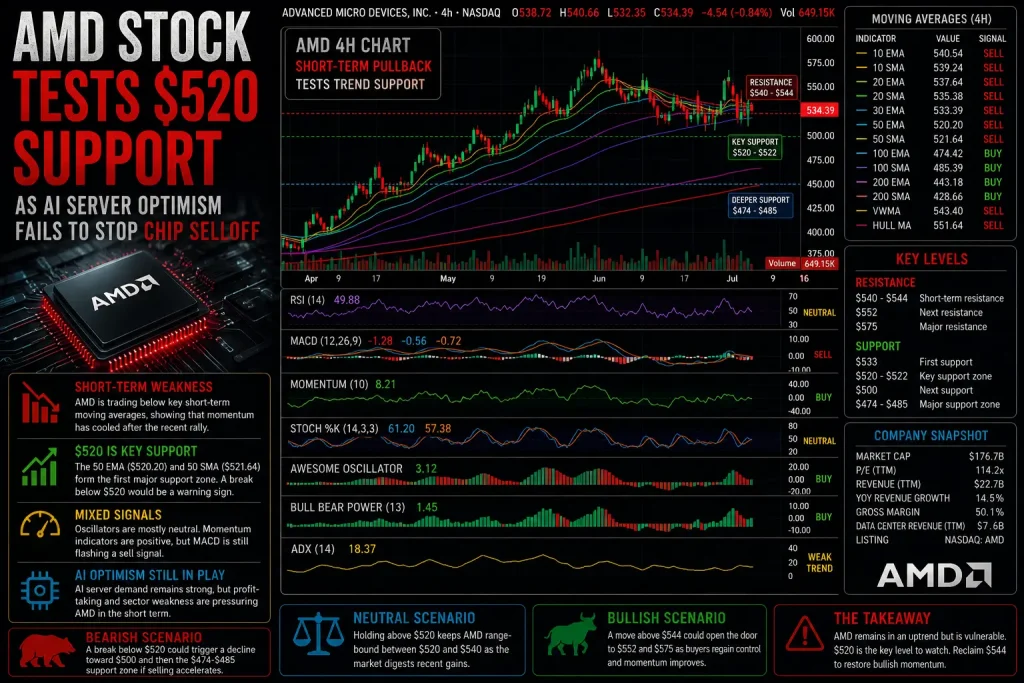 AMD Stock Tests $520 Support as AI Server Optimism Fails to Stop Chip Selloff