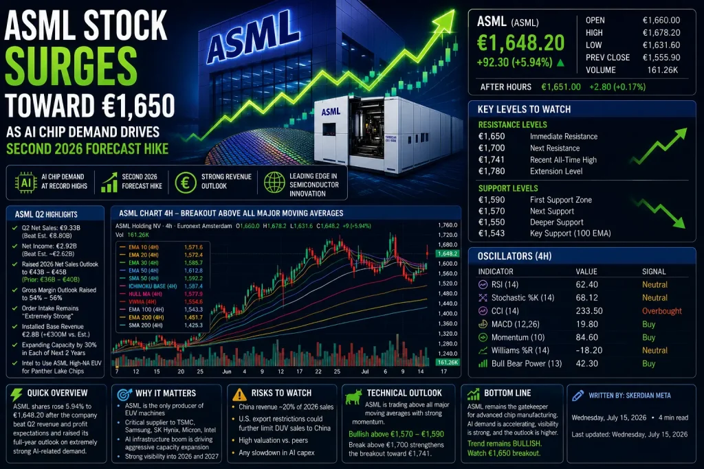ASML Stock Surges Toward €1,650 as AI Chip Demand Drives Second 2026 Forecast Hike