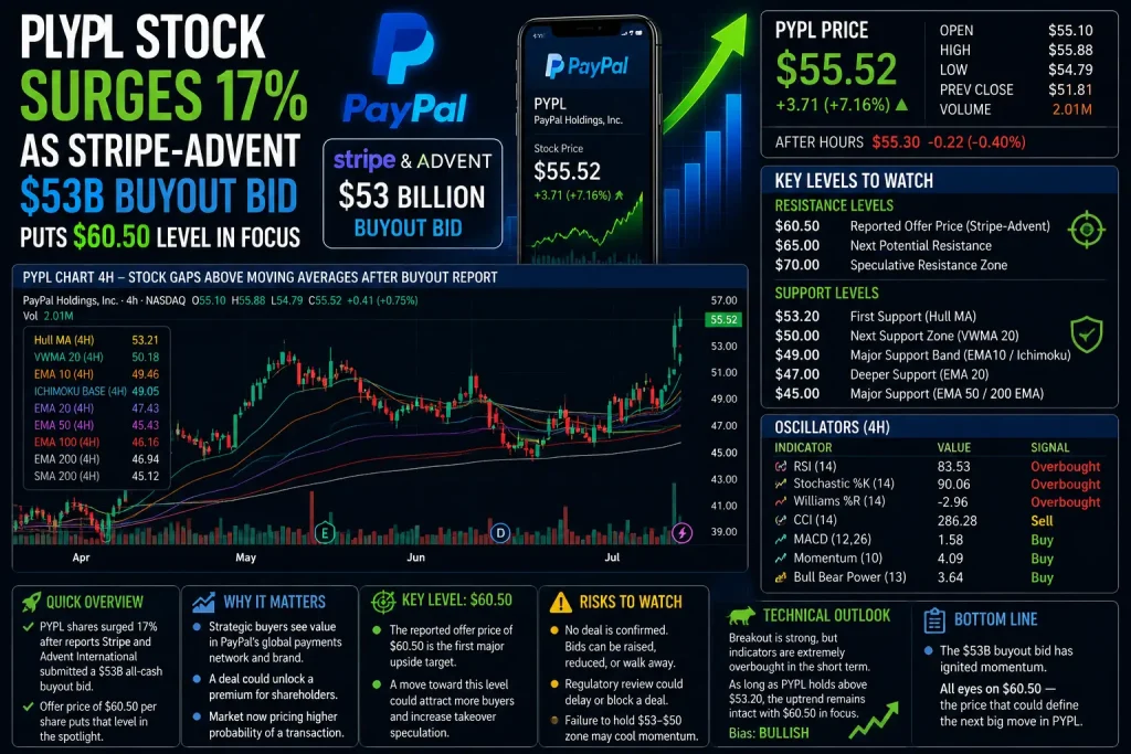 PYPL Stock Surges 17% as Stripe-Advent $53B Buyout Bid Puts $60.50 Level in Focus