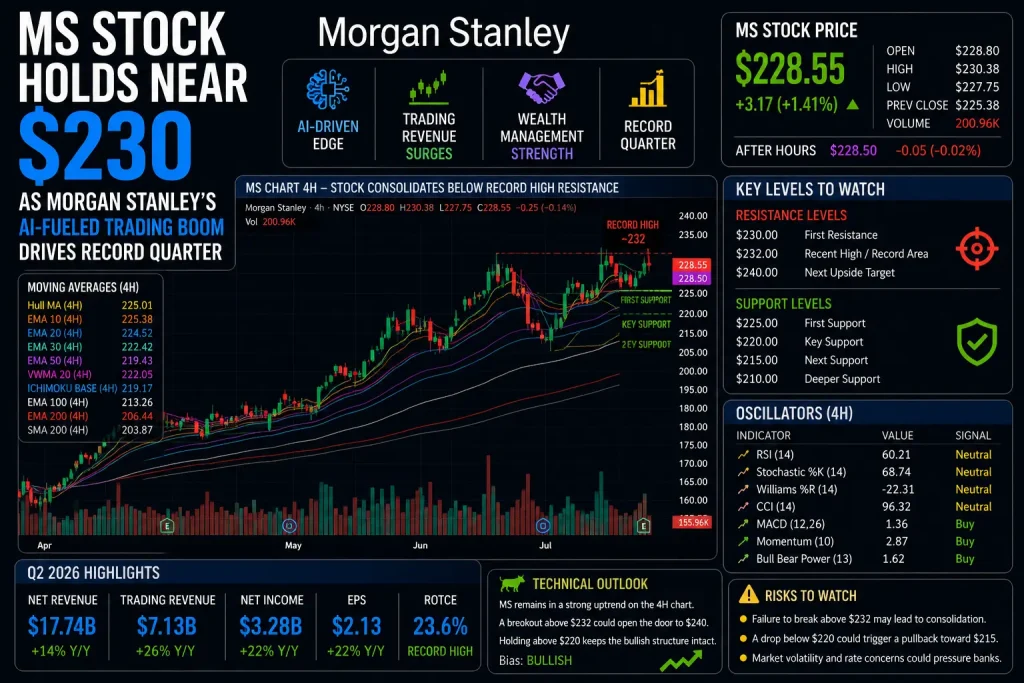 MS Stock Holds Near $230 as Morgan Stanley’s AI-Fueled Trading Boom Drives Record Quarter