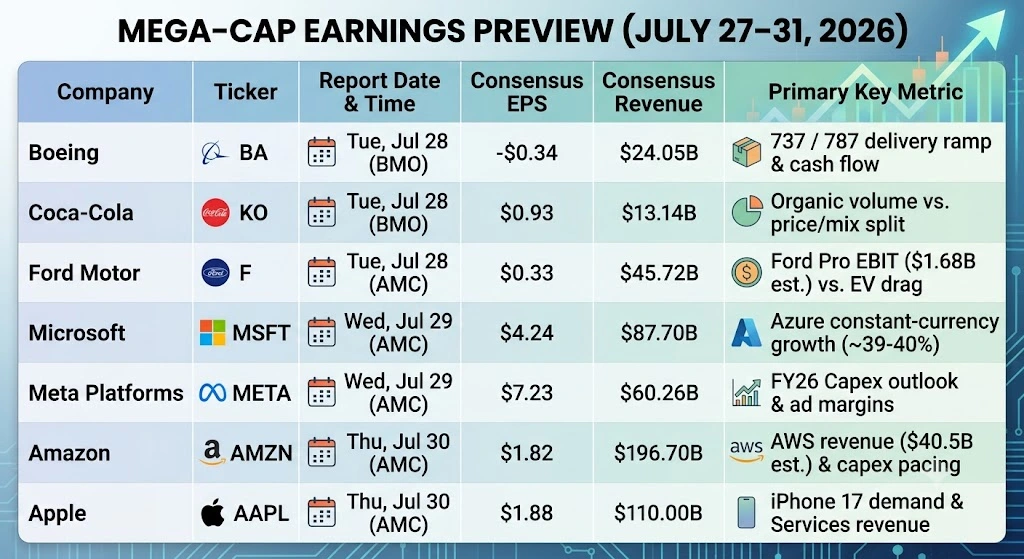 Top Earnings to Watch This Week, July 27-31: What to Expect From MSFT, META, AAPL, AMZN, KO, BA, and F